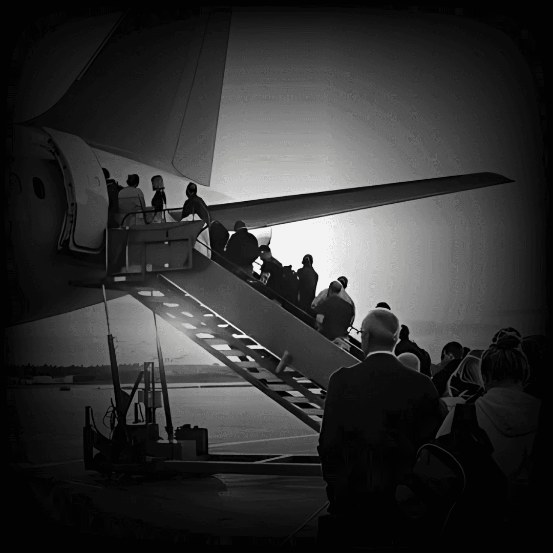 Passengers boarding an airplane via a stairway on a tarmac in black and white.